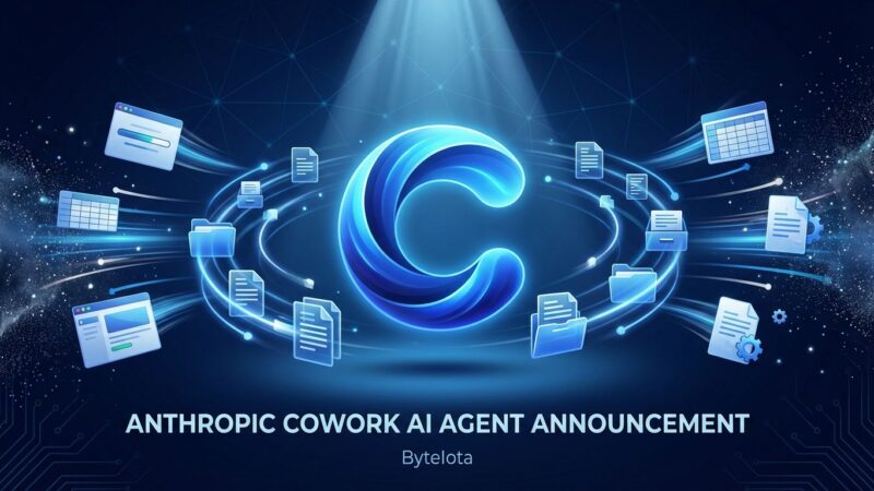 Anthropic Cowork AI agent concept with Claude logo surrounded by file automation symbols, folders, and documents in blue and white
