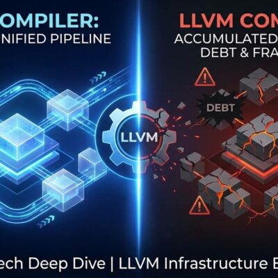 Split-screen visualization showing LLVM compiler infrastructure transitioning from unified architecture to fragmented system with cracks and technical debt
