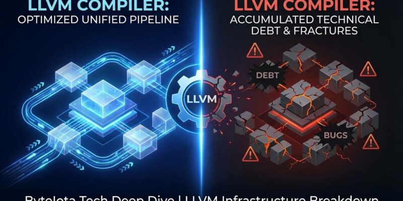 Split-screen visualization showing LLVM compiler infrastructure transitioning from unified architecture to fragmented system with cracks and technical debt