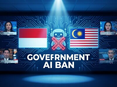 Indonesia and Malaysia flags with AI ban symbol representing government block of Grok chatbot over deepfake abuse