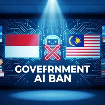 Indonesia and Malaysia flags with AI ban symbol representing government block of Grok chatbot over deepfake abuse