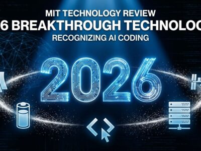 MIT Technology Review 2026 Breakthrough Technologies list featuring generative AI coding alongside nuclear reactors, data centers, batteries, and space stations