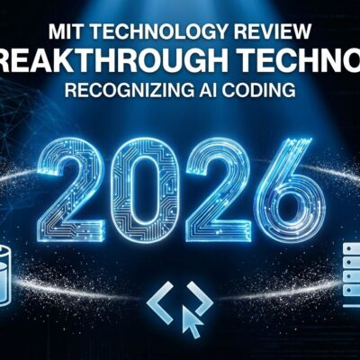 MIT Technology Review 2026 Breakthrough Technologies list featuring generative AI coding alongside nuclear reactors, data centers, batteries, and space stations