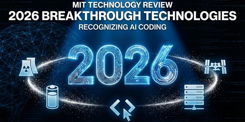 MIT Technology Review 2026 Breakthrough Technologies list featuring generative AI coding alongside nuclear reactors, data centers, batteries, and space stations