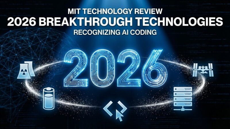 MIT Technology Review 2026 Breakthrough Technologies list featuring generative AI coding alongside nuclear reactors, data centers, batteries, and space stations