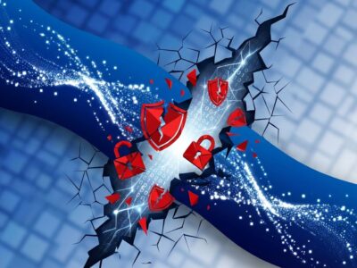 Abstract visualization of LangChain serialization vulnerability showing data leak through security breach