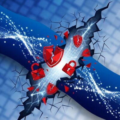 Abstract visualization of LangChain serialization vulnerability showing data leak through security breach