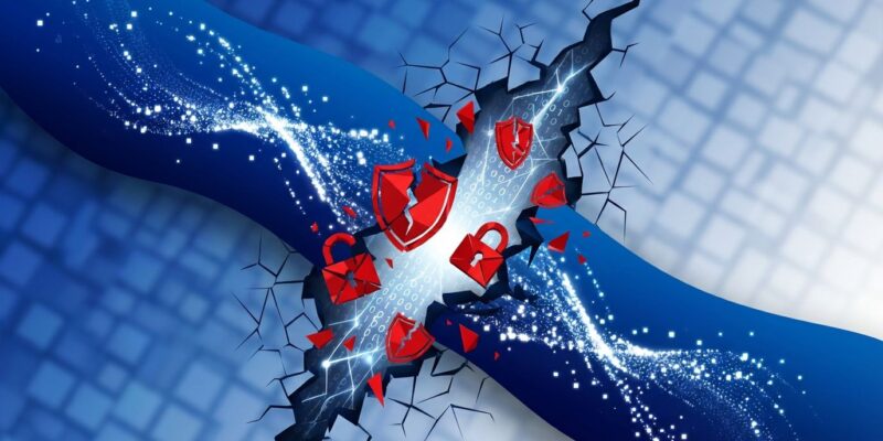 Abstract visualization of LangChain serialization vulnerability showing data leak through security breach