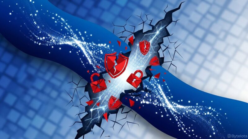 Abstract visualization of LangChain serialization vulnerability showing data leak through security breach