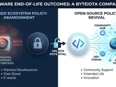 Split-screen comparison showing abandoned hardware vs community-maintained open source hardware