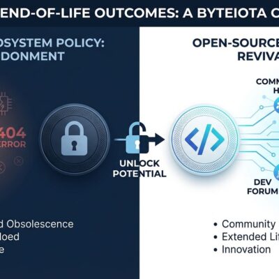 Split-screen comparison showing abandoned hardware vs community-maintained open source hardware