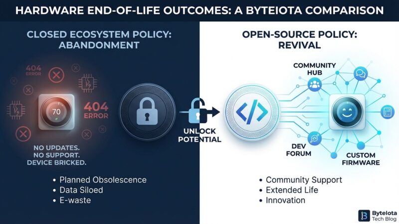 Split-screen comparison showing abandoned hardware vs community-maintained open source hardware