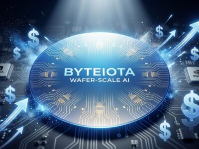 Wafer-scale AI chip visualization showing Cerebras chip with valuation symbolized by upward arrows and dollar signs, compared to smaller Nvidia GPUs in background
