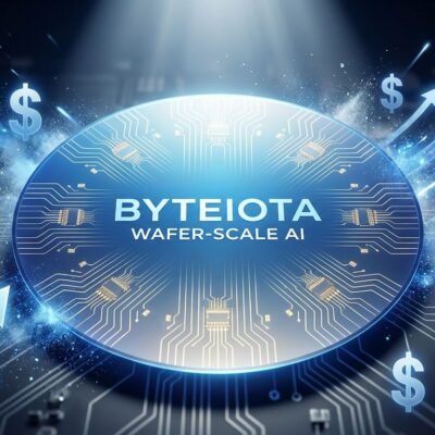 Wafer-scale AI chip visualization showing Cerebras chip with valuation symbolized by upward arrows and dollar signs, compared to smaller Nvidia GPUs in background