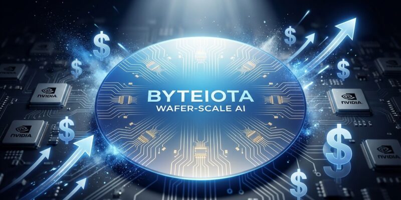 Wafer-scale AI chip visualization showing Cerebras chip with valuation symbolized by upward arrows and dollar signs, compared to smaller Nvidia GPUs in background