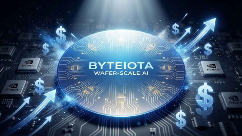 Wafer-scale AI chip visualization showing Cerebras chip with valuation symbolized by upward arrows and dollar signs, compared to smaller Nvidia GPUs in background