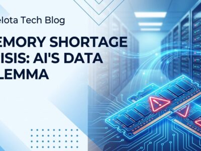RAM memory chips with warning symbols and AI data center servers showing memory shortage crisis 2026