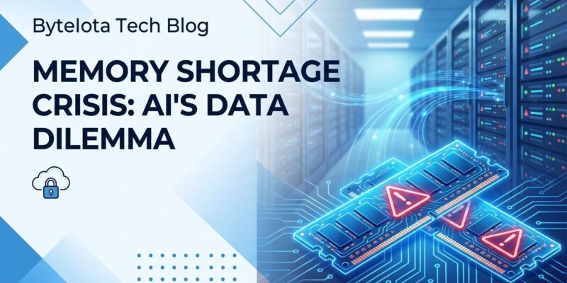 RAM memory chips with warning symbols and AI data center servers showing memory shortage crisis 2026