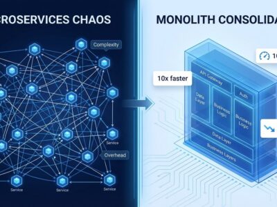 Split-screen comparison showing complex microservices mesh on left versus simple unified monolith on right, illustrating the 42% industry consolidation trend