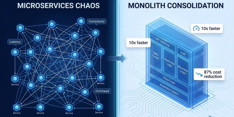 Split-screen comparison showing complex microservices mesh on left versus simple unified monolith on right, illustrating the 42% industry consolidation trend
