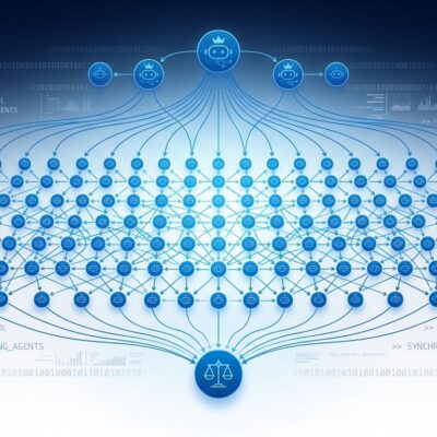 Hundreds of AI coding agents collaborating in hierarchical network pattern showing planner-worker-judge architecture
