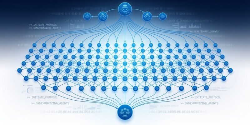 Hundreds of AI coding agents collaborating in hierarchical network pattern showing planner-worker-judge architecture