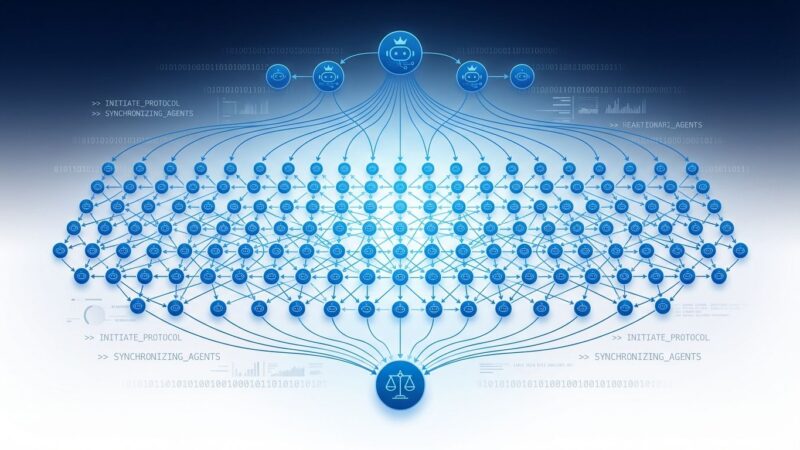 Hundreds of AI coding agents collaborating in hierarchical network pattern showing planner-worker-judge architecture