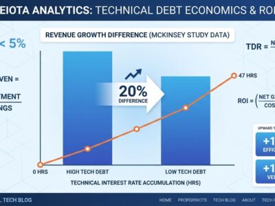Data visualization dashboard showing technical debt ROI metrics, McKinsey 20% revenue growth comparison, and technical interest rate accumulation over time