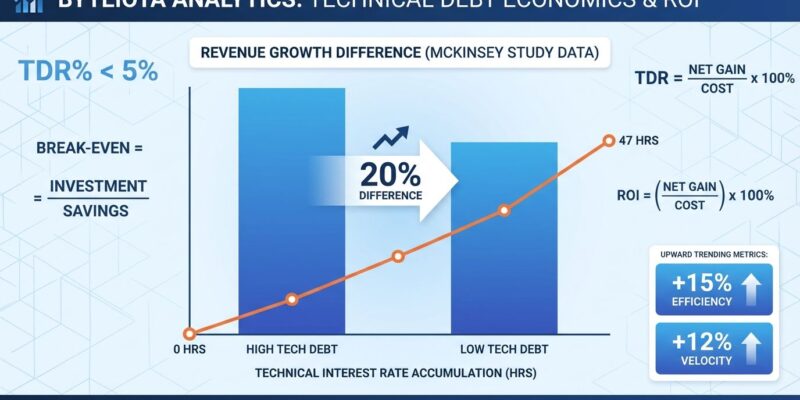 Data visualization dashboard showing technical debt ROI metrics, McKinsey 20% revenue growth comparison, and technical interest rate accumulation over time