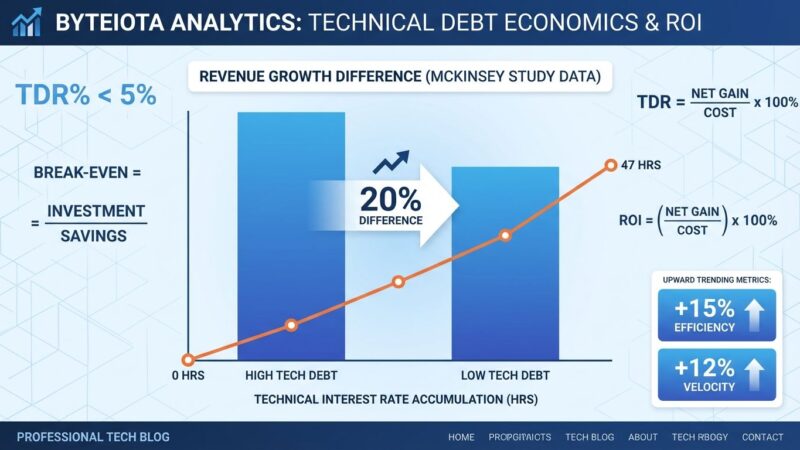 Data visualization dashboard showing technical debt ROI metrics, McKinsey 20% revenue growth comparison, and technical interest rate accumulation over time