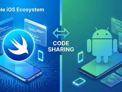 Split-screen comparison showing Swift SDK enabling cross-platform development between iOS and Android with blue ByteIota branding
