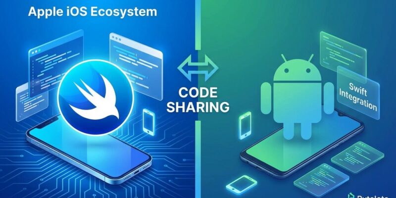 Split-screen comparison showing Swift SDK enabling cross-platform development between iOS and Android with blue ByteIota branding