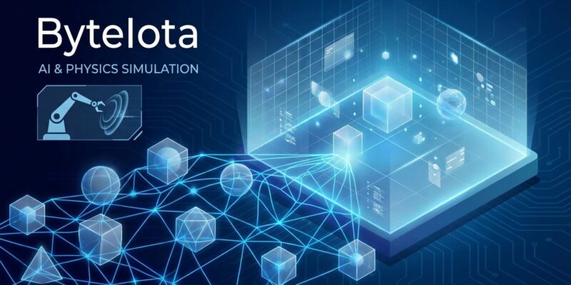 Futuristic 3D holographic environment representing world models AI paradigm shift with neural networks and physics simulation