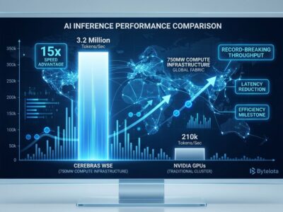 Data visualization comparing Cerebras Wafer-Scale Engine versus Nvidia GPU inference performance, showing 15x speed advantage