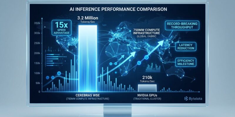 Data visualization comparing Cerebras Wafer-Scale Engine versus Nvidia GPU inference performance, showing 15x speed advantage