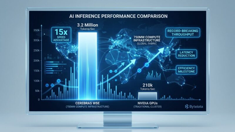 Data visualization comparing Cerebras Wafer-Scale Engine versus Nvidia GPU inference performance, showing 15x speed advantage