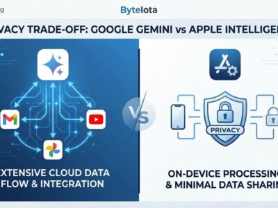 Split-screen comparison showing Google Gemini's cloud-based personalization versus Apple Intelligence's on-device privacy approach