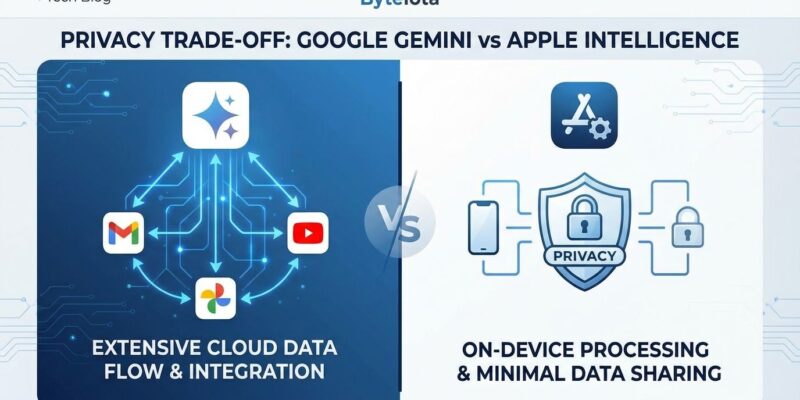 Split-screen comparison showing Google Gemini's cloud-based personalization versus Apple Intelligence's on-device privacy approach