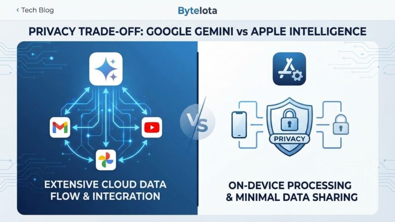 Split-screen comparison showing Google Gemini's cloud-based personalization versus Apple Intelligence's on-device privacy approach