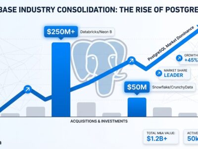 Data visualization showing .25B in PostgreSQL acquisitions with bar charts and trend lines representing database industry consolidation in 2025
