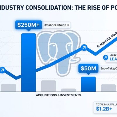 Data visualization showing .25B in PostgreSQL acquisitions with bar charts and trend lines representing database industry consolidation in 2025