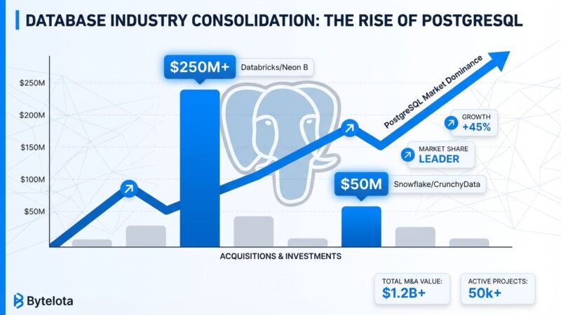 Data visualization showing .25B in PostgreSQL acquisitions with bar charts and trend lines representing database industry consolidation in 2025