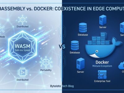 Split-screen comparison showing WebAssembly edge computing on left versus Docker container ecosystem on right