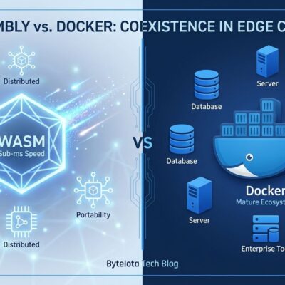 Split-screen comparison showing WebAssembly edge computing on left versus Docker container ecosystem on right