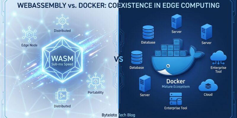 Split-screen comparison showing WebAssembly edge computing on left versus Docker container ecosystem on right