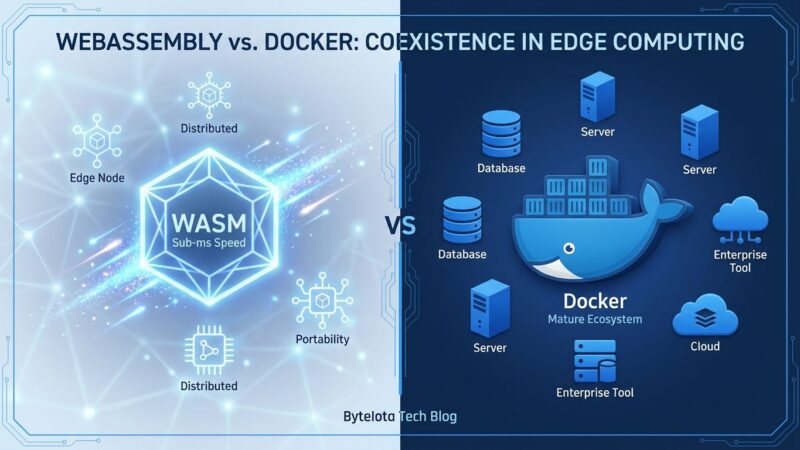 Split-screen comparison showing WebAssembly edge computing on left versus Docker container ecosystem on right
