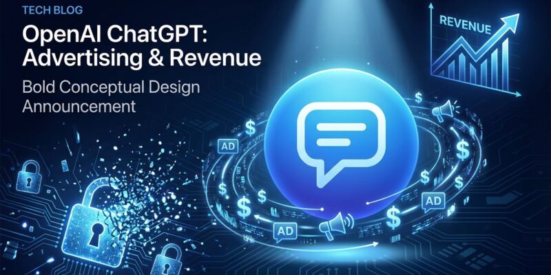 ChatGPT logo with advertising symbols and privacy concerns visualization for OpenAI monetization announcement