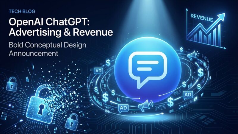 ChatGPT logo with advertising symbols and privacy concerns visualization for OpenAI monetization announcement