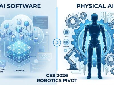 Split-screen comparison showing software AI on left versus physical robotics on right, illustrating CES 2026's pivot to physical AI