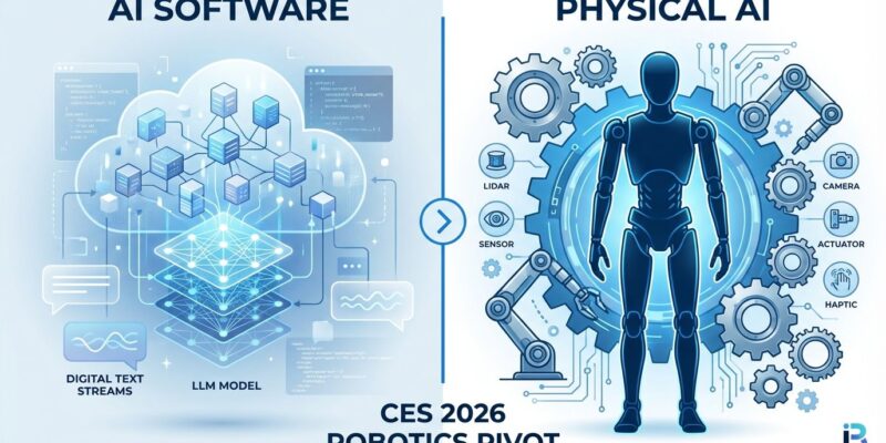 Split-screen comparison showing software AI on left versus physical robotics on right, illustrating CES 2026's pivot to physical AI